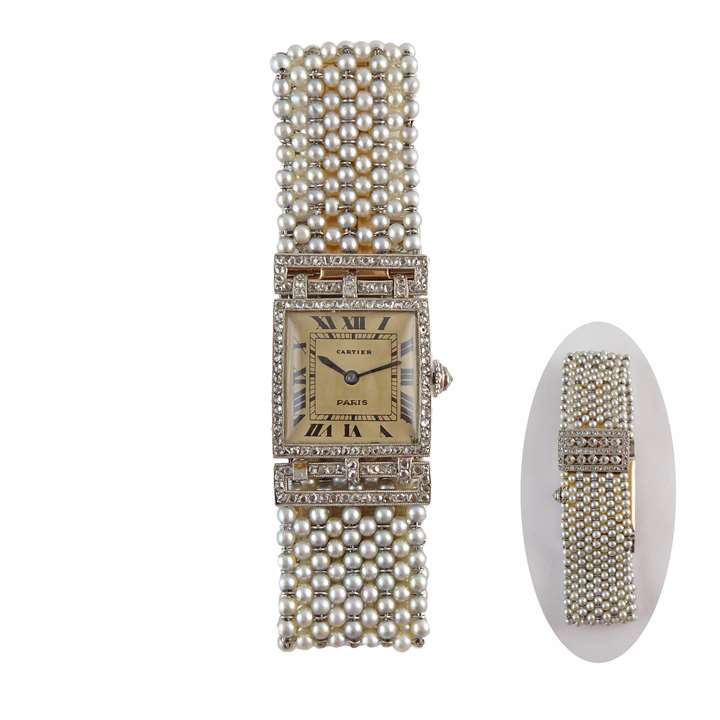 Early Art Deco diamond and pearl bracelet wristwatch by Cartier, Paris c.1920, the square dial with black Roman numerals,